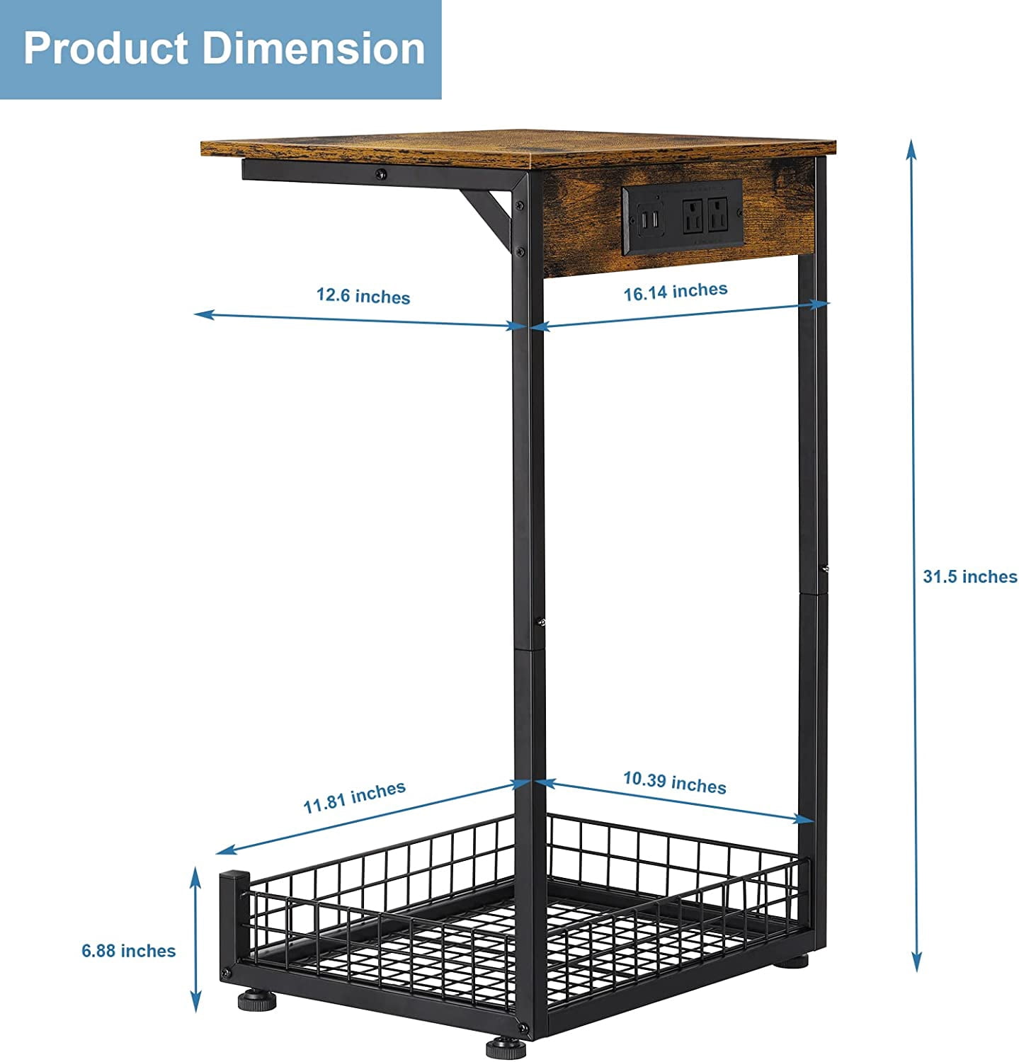 C-Shaped End Table with Charging Station and USB Ports, with Storage Basket and Rustic Brown Wood Top