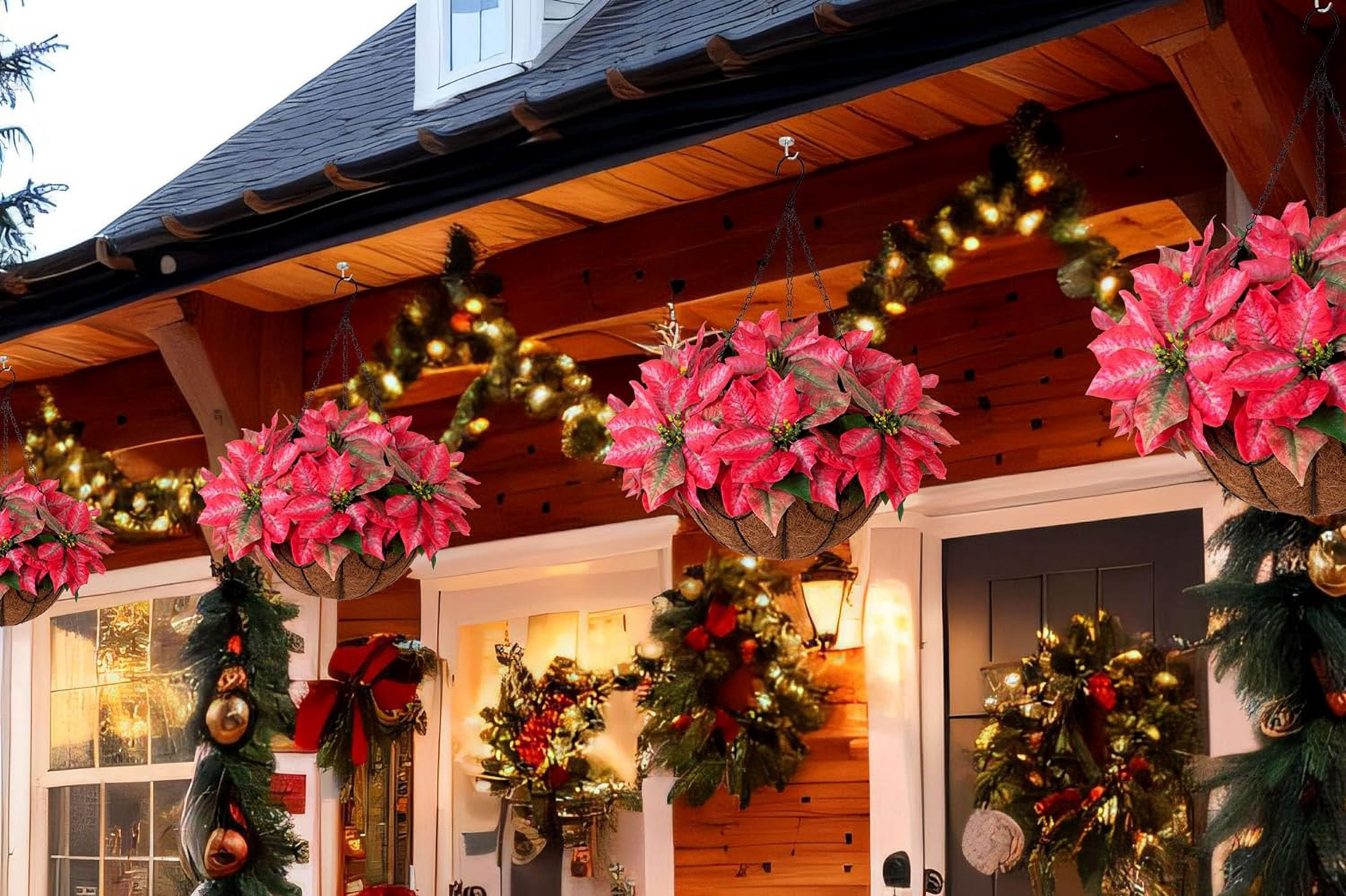 Artificial Christmas Flowers Hanging Basket for Outdoors Indoors Courtyard Decor,Silk Poinsettia Flower with 12 inch Flowerpot,Fake Floral Arrangement Ornaments Xmas Holiday Favor(Salmon)