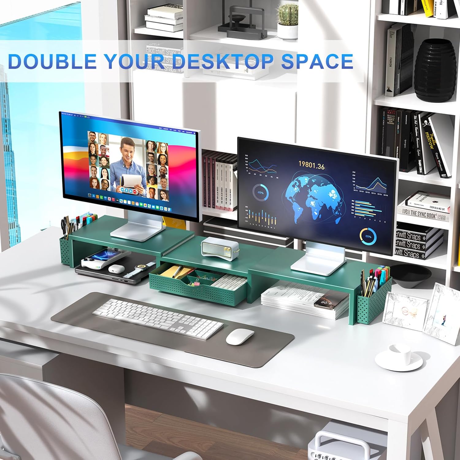 Dual Monitor Stand Riser with Drawer and Pen Holders, Wooden Desk Shelf Organizer for Computer Monitor