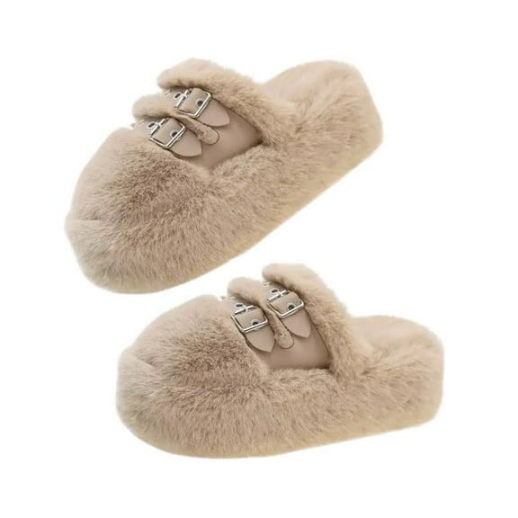 Plush Faux Fur Slippers with Memory Foam, Non-Slip Rubber Sole, Buckle Design, Khaki（Size：7-8）