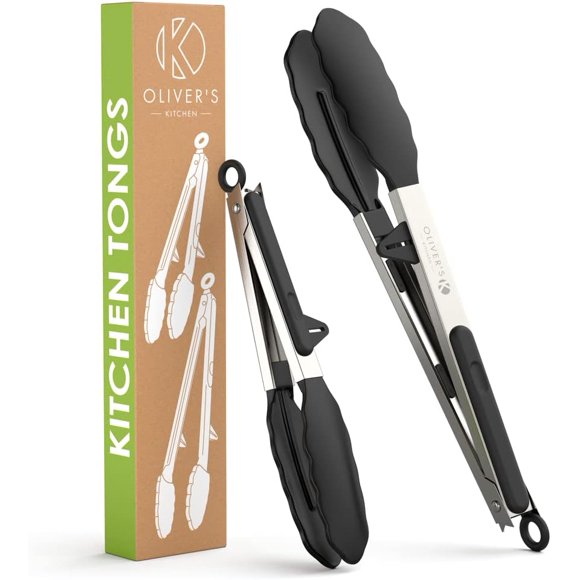 Oliver's Kitchen Tongs - 2 x Food Safe Silicone Cooking Tongs - Locking Clip for Easy Storage - Great for BBQ - Easy to Use & Grip Kitchen Tongs - Stylish Stainless Steel Design