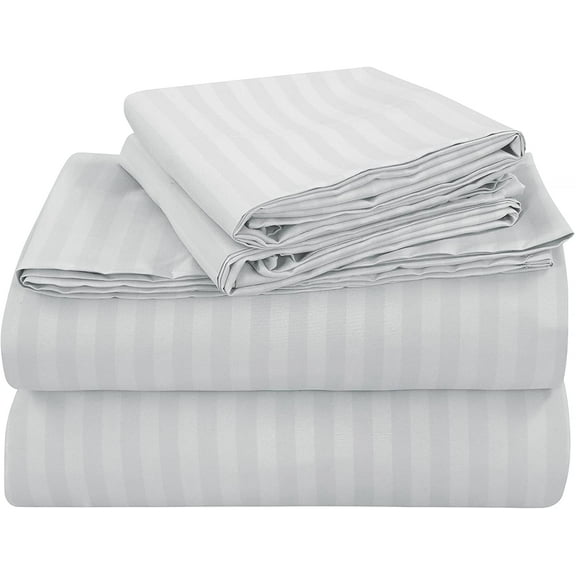 Bed Sheet Set 6 Piece - 30" inch Deep Pocket - 600 Thread Count - 100% Egyptian Cotton - Extra Soft and Luxury - Light Grey Stripe, Olympic Queen Size.