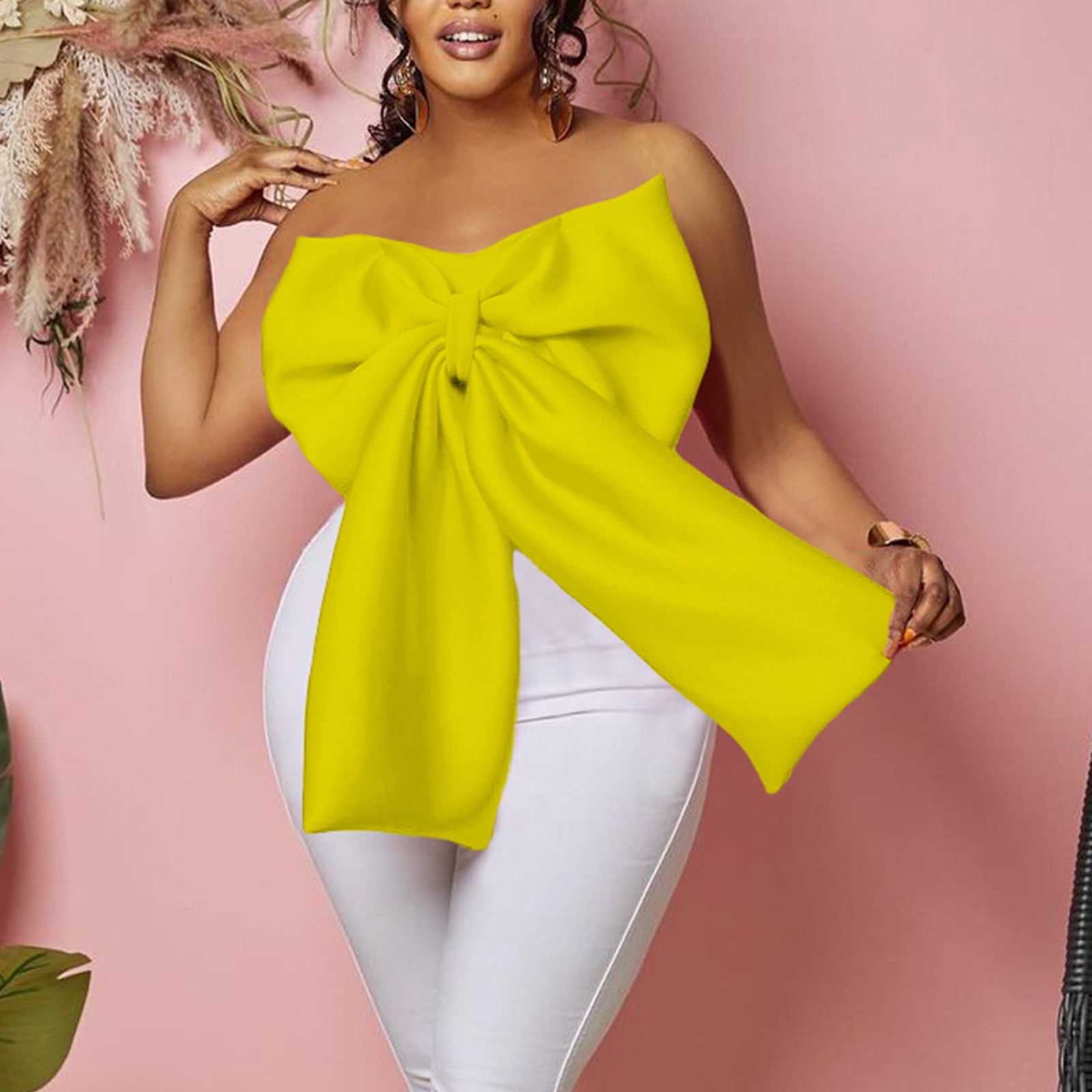 Women's Elegant Big Bow Tie Tube Tops Strapless Off Shoulder Sexy Backless Solid Tank Crop Shirts