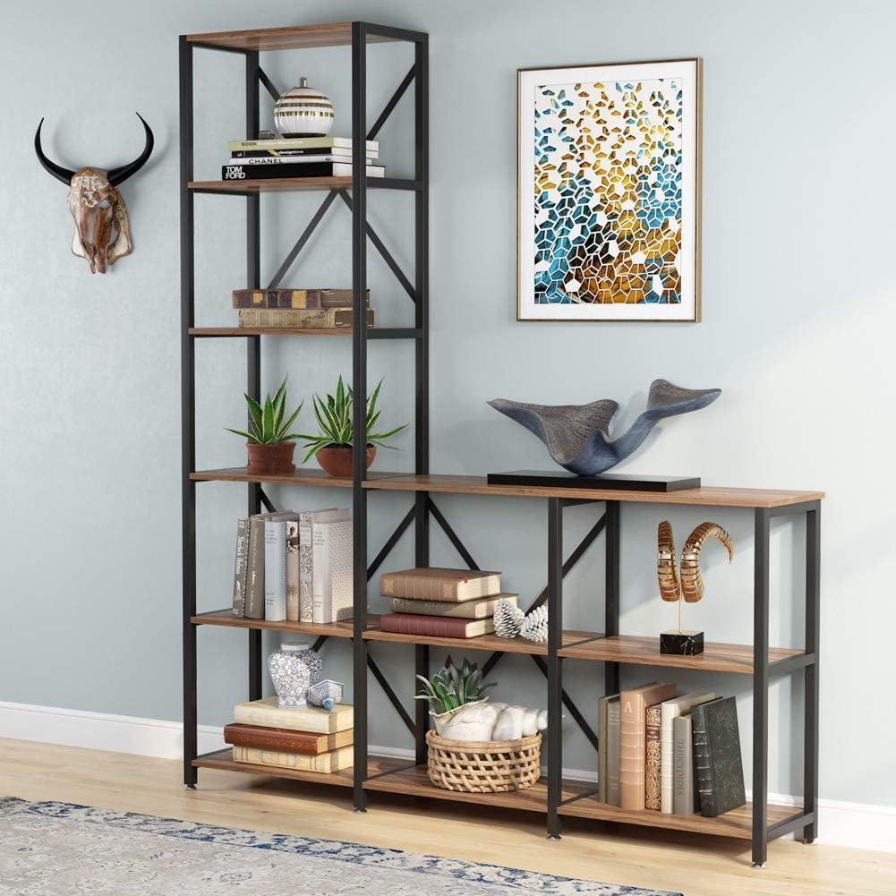 Freestanding Tall Ladder Shelf Display Organizer Home Office Vintage Wood Look Accent with Metal Frame Etagere Bookcase Rustic Brown Finish Hombazaar 5-Tier Industrial Corner Bookshelf 