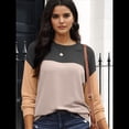 thumbnail image 4 of Moda para Mujer 2025, Camisetas Holgadas Informales de Punto con Cuello Redondo y Larga con Bloques de Color Negro M, 4 of 7