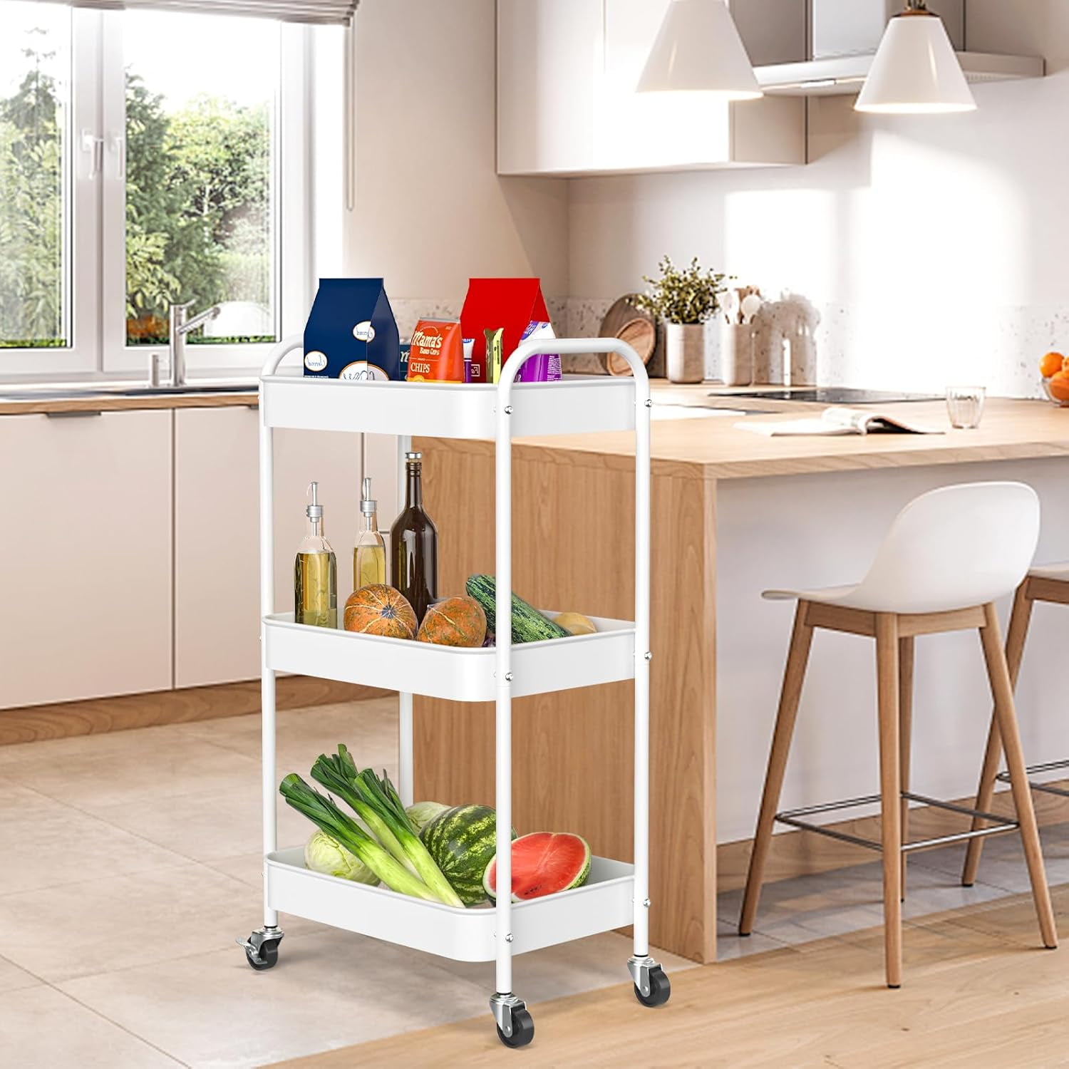 3-Tier Rolling Metal Storage Cart with Wheels, Multi-Functional Organizer for Office, Kitchen, Bathroom, Books Diapers - Easy Assembly (White)