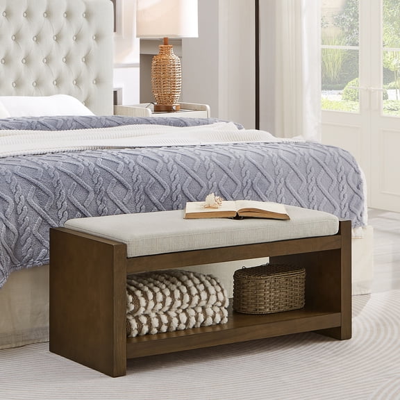40" Accent Bench with Lower Shelf Shoe Rack Padded Seating Bench for Living Room Modern Compact Bed End Bench with Storage for Bedroom Seating Removable Cushion 40"W- Beige