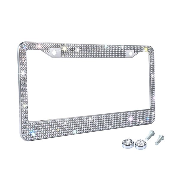 Cadre de Plaque d'Immatriculation Bling en Strass Blanc pour Femmes, Cadre de Plaque de Voiture Antirouille en Métal Accessoires de Voiture Bling Mignons pour les Femmes Filles (1)