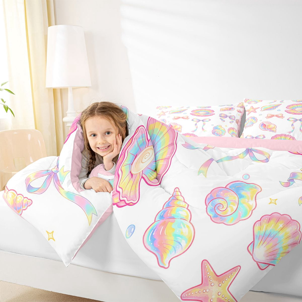 Manfei Colorful Gradient Bow 7-Piece Twin Bedding,Rainbow Conch Stars Bedding Comforter Set,Pink Reversible