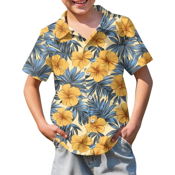Abcomgle Boys Button Down Shirt Size 10-12 Cartoon Floral Print Beach Shirts for Boys Button Down Short Sleeve Holiday Hawaiian Clothes for Boys,Ginger,12-13Years