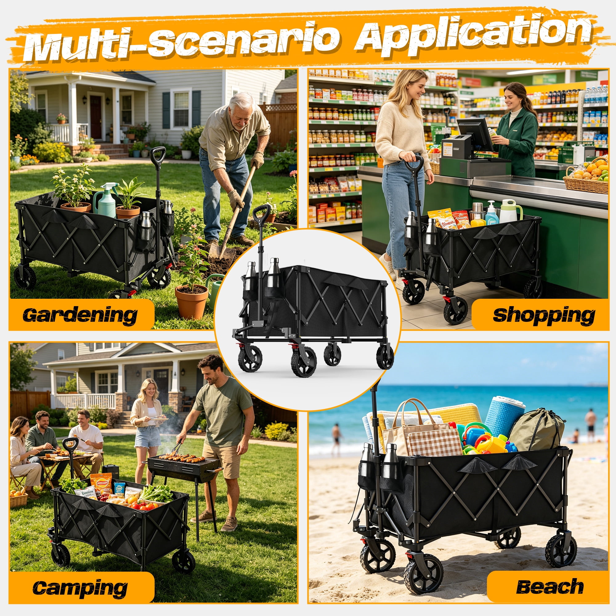 WildFinder Foldable Wagon Cart with Wheels, 450LBS Heavy Duty Collapsible Wagon Cart with Wheels&Adjustable Handle, Portable Utility Cart for Grocery Sports Garden Shopping Camping, Black