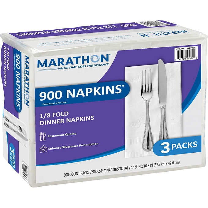 Marathon 2-Ply Dinner Napkins, 1/8 Fold, White, 900 ct