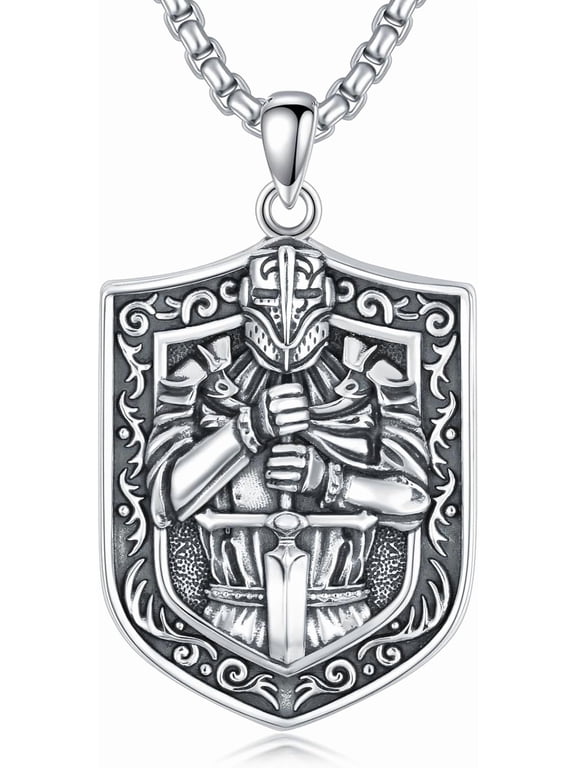 AOBOCO Knight Templar Necklace for Men, Sterling Silver Shield Pendant with 3mm 24+2" Stainless Steel Chain, Men's Scripture Bible God Armor Necklace, Religious Necklace, Gift for Men and Women