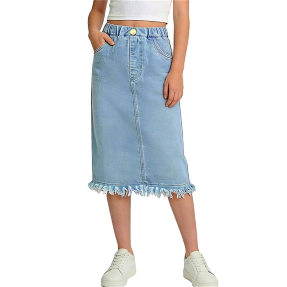 Edvintorg Jean Skirts for Girls Denim Fashion Solid Color Casual A-Line Midi Skirt with Tassels Summer Children's Clothing