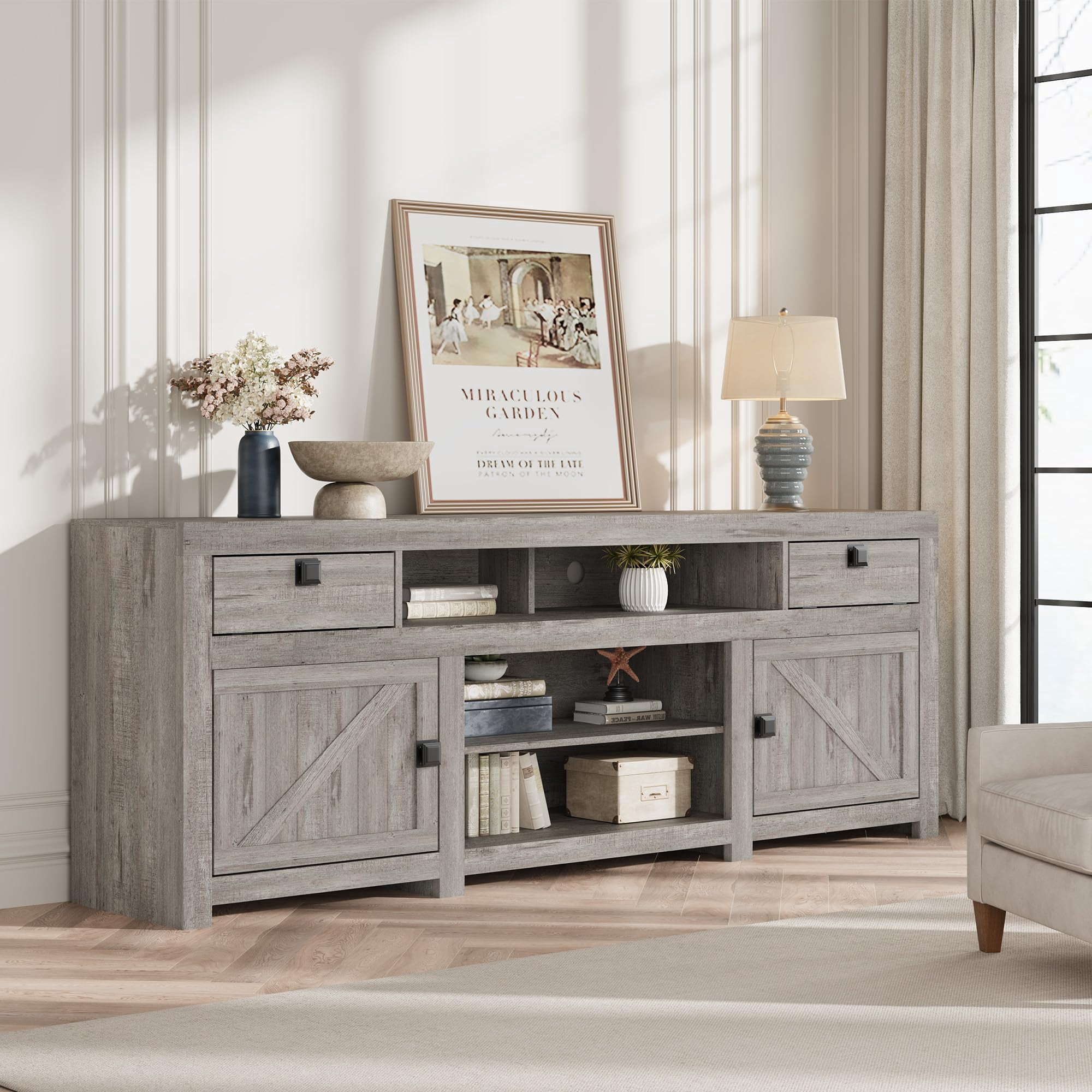 Farmhouse TV Stand for 75/80 Inch TVs, 70" Long Entertainment Center with 4 Storage Drawers & 3 Open Shelf, Grey Television Consoles Stands for Living Room, Bedroom