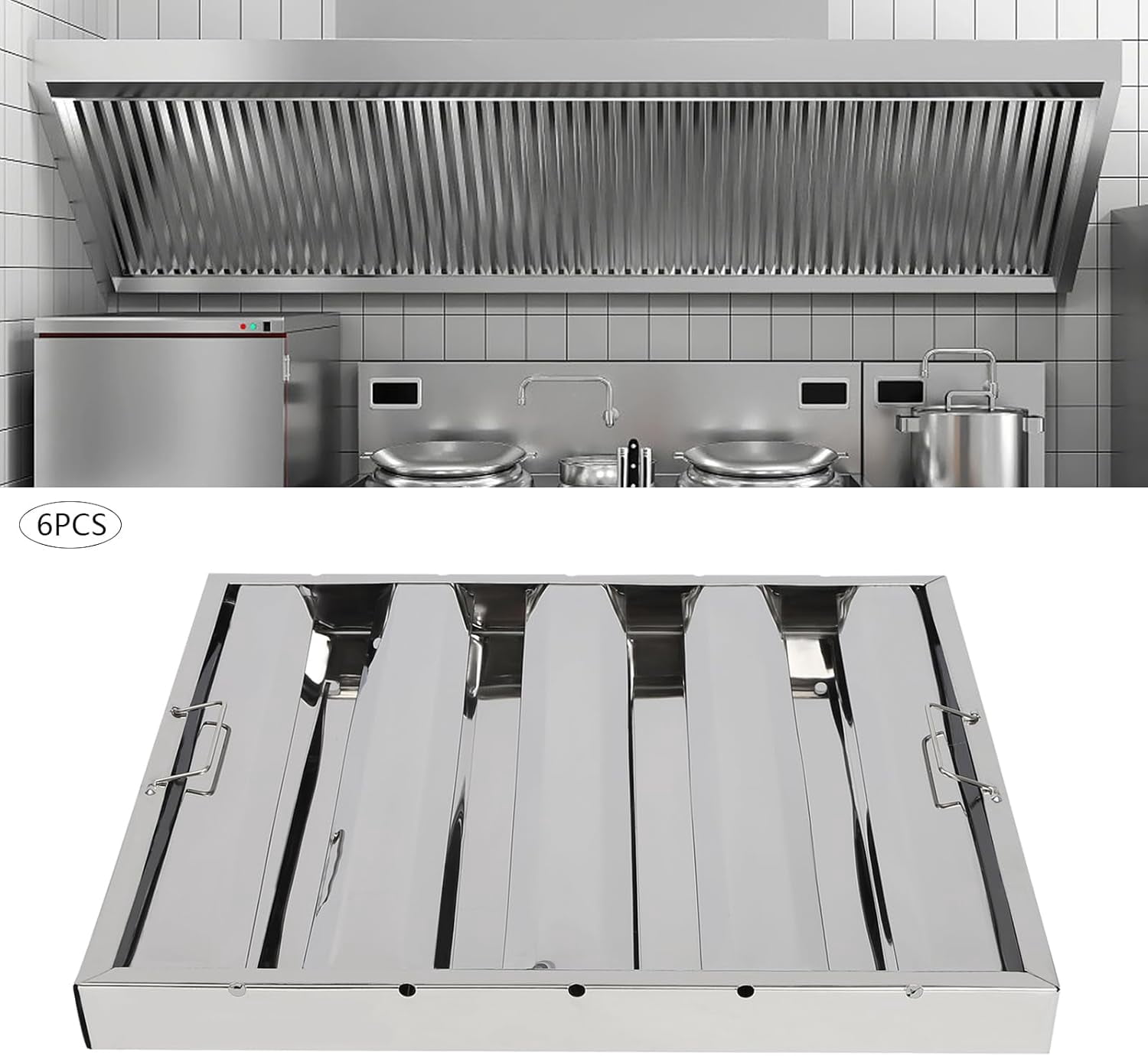 Miumaeov 6pcs Range Hood Baffle Filter, 430 Stainless Steel 4 Grooves Commercial Hood Filters, for Grease Rated Commercial Kitchen