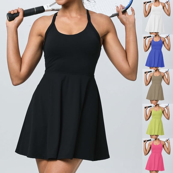Mceream Womens Workout Tennis Dress with Built In Shorts and Bra Workout Sleeveless 2-In-1 Athletic Golf Dress Activewear for Exercise Black M