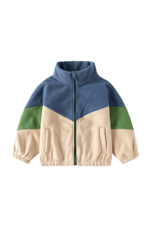 Toddler Boy Fleece Jacket Baby Boys Color Block Lightweight Zip up Long Sleeve Hight Neck Jackets Winter Warm Coat Outerwear with Pockets Beige 5T