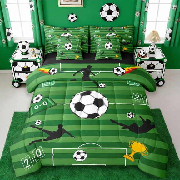 Erosebridal Football Sport Gamer 7-Piece Twin Bedding Sets,Soccer Ball Games Kids Bedding Comforter Set,Reversible Black