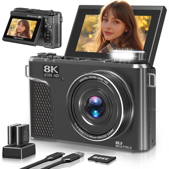 Saneen 8K Digital Camera 88MP Autofocus Vlogging Cameras Photography 3" Flip Screen ith Wifi 18X Digital Zoom with 32GB SD Card & 2 Batteries