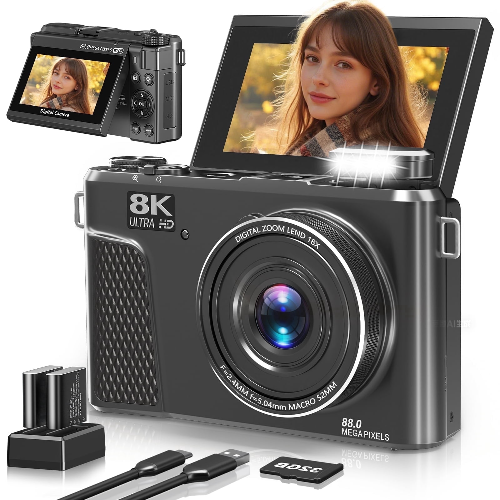 Saneen 8K Digital Camera 88MP Autofocus Vlogging Cameras Photography 3" Flip Screen ith Wifi 18X Digital Zoom with 32GB SD Card & 2 Batteries