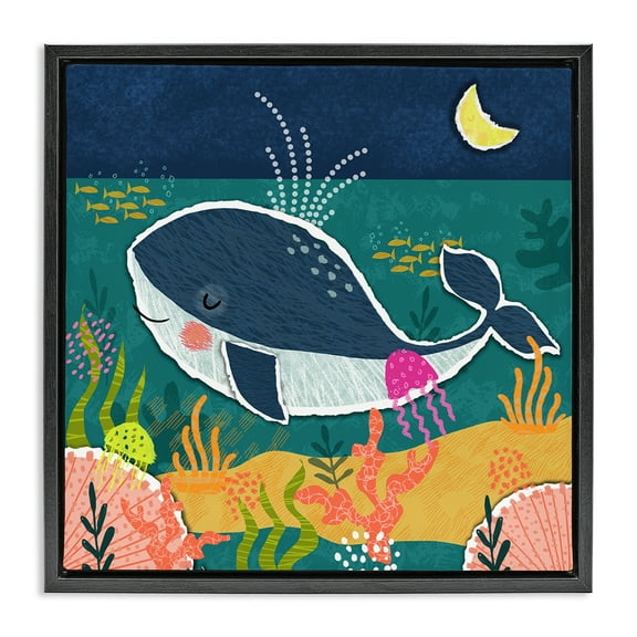 Stupell Industries Whale At Nighttime Animals Painting Black Floater Framed Canvas Art Print Wall Art, 18 x 18