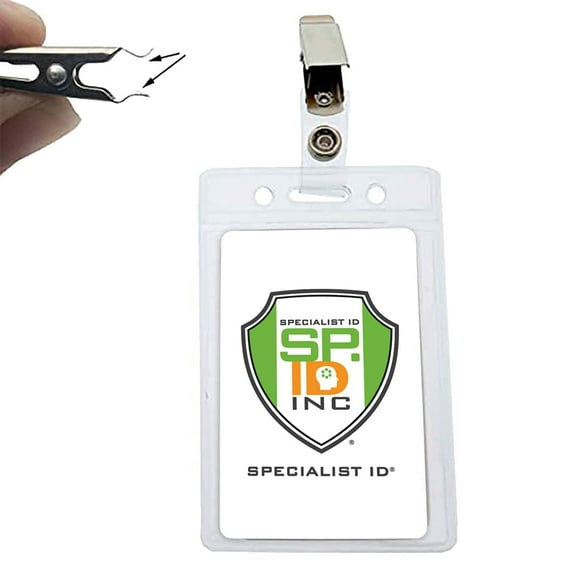 25 Pack - Clear Vertical ID Badge/Name Tag Holders with Clothing Friendly Vinyl Alligator Strap Clips (Business Card Size) by Specialist ID