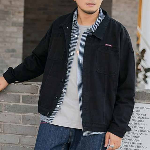 Styesk Jackets for Men Men's Vintage Motorcycle Solid Color Button Pocket Long Sleeved Denim