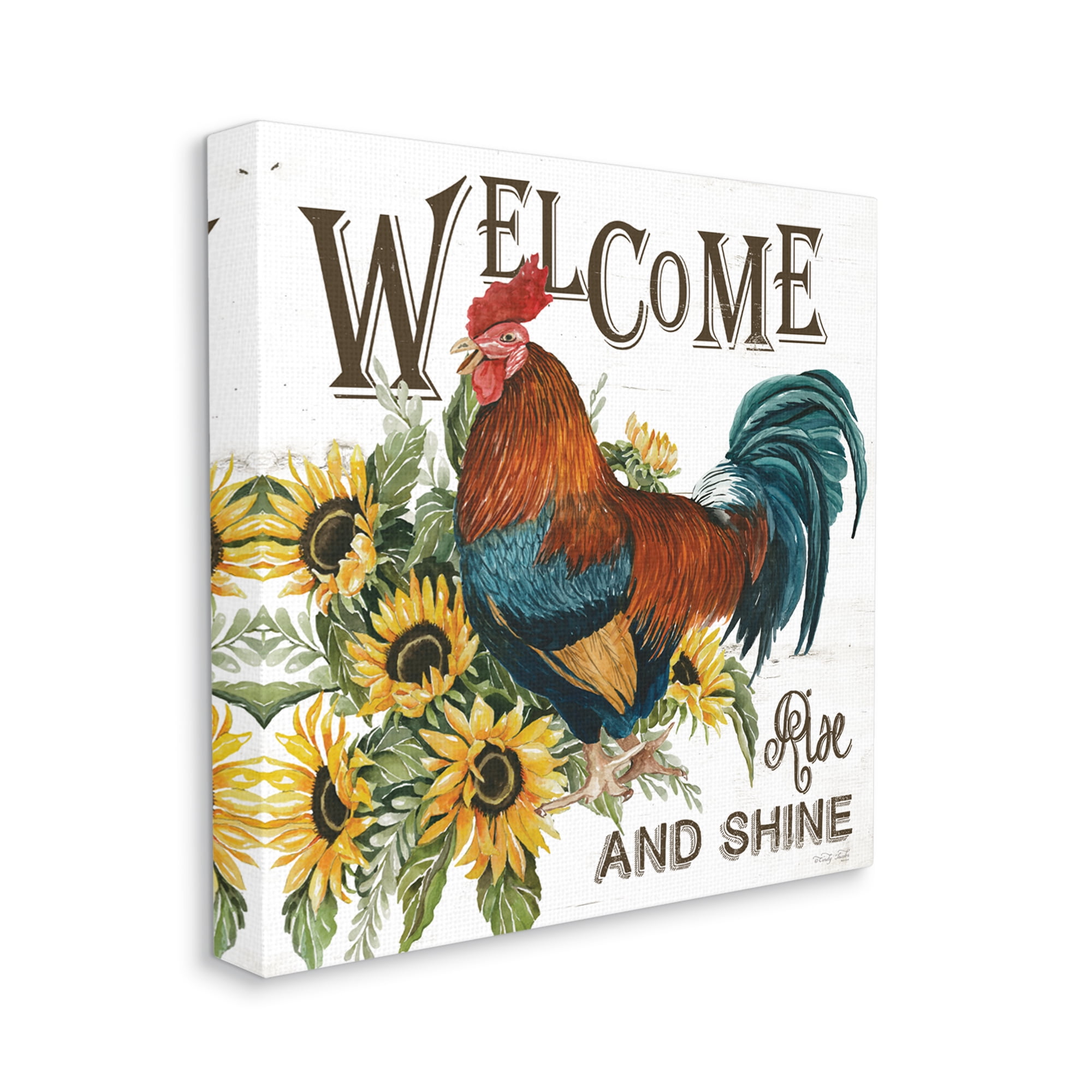 Stupell Industries Rise & Shine Rooster Botanical & Floral Painting Gallery Wrapped Canvas Print Wall Art, 17 x 17