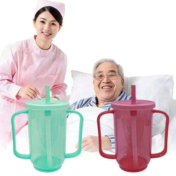 Vaso de lactancia antiasfixia, vaso de agua antiderrames con pajita, vaso de plástico de doble asa para el cuidado, microondas, 20x12,5 cm, verde o rojo, 1 cuenta