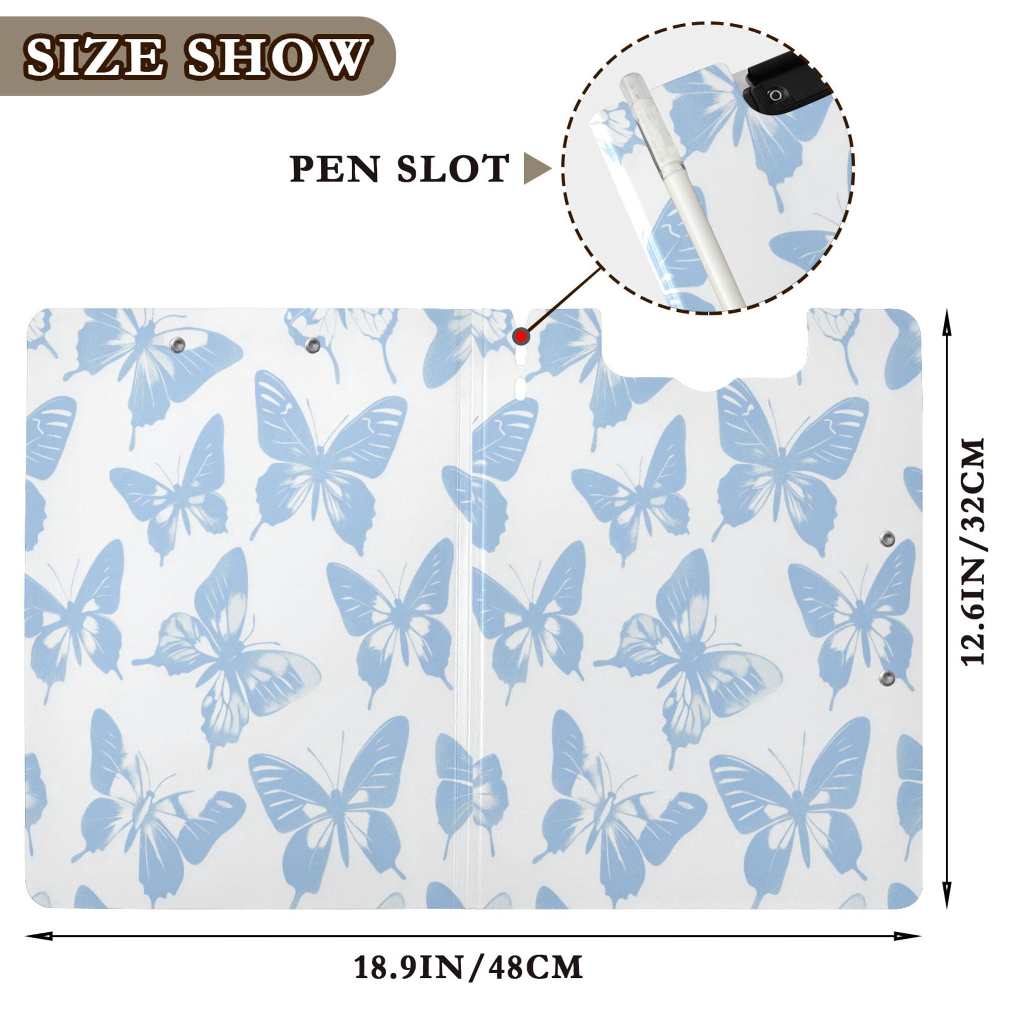 FORMRS A4 Clipboard Folder with Pen Holder Horizontal Foldable School Office Binder, Blue Butterfly