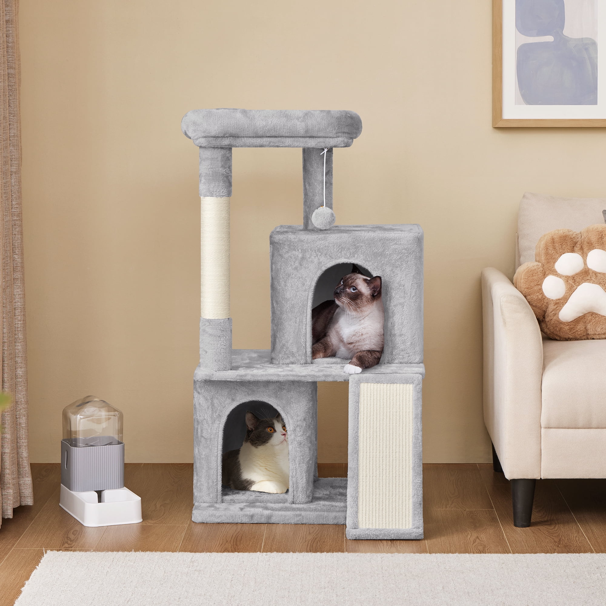 Alden Design Multilevel Cat Tree Tower with Double Condos Top Platform Perch, Light Gray