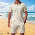 thumbnail image 2 of Bpyeka Men's Plaid-Trimmed Waffle Matching Set, Point Collar Short Sleeve Top & Drawstring Waist Shorts, Preppy Casual Two-Piece Outfit, 2XS-2XL, 2 of 7