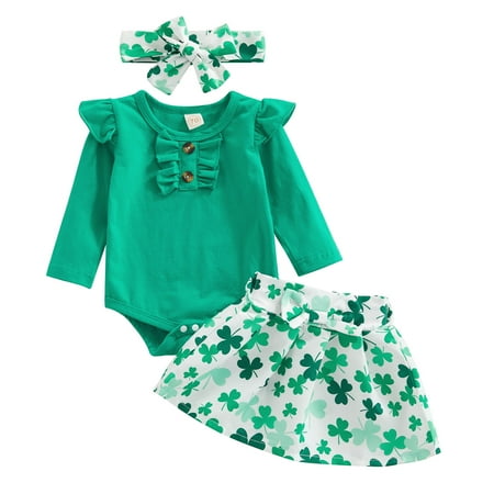 

Blotona Toddler Baby Girls Ireland Day 3Pcs Outfits Long Sleeve Ruffle Romper + Shamrock Skirt + Headband St. Patrick s Day Set