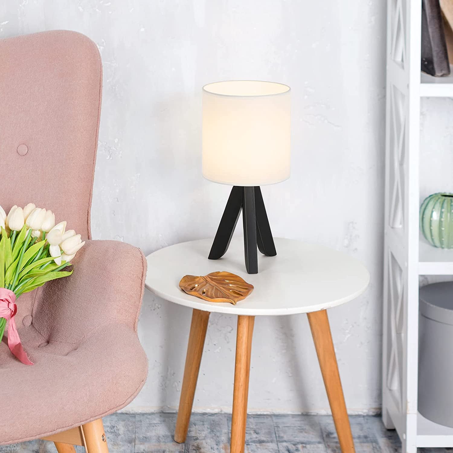 Oumilen 14.37” Smooth Wooden Tripod Table Lamp with White Fabric Shade (2 Count)
