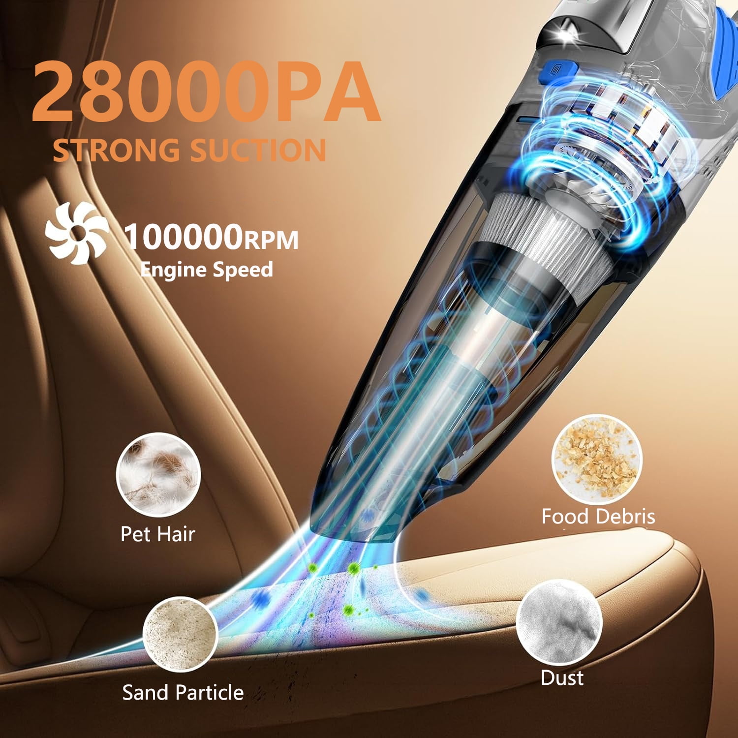 TRAKAR Handheld Vacuum Cordless, 28000PA Strong Suction Hand Held Car Vacuum Cleaner, Portable Hand Vacuum Rechargeable with Nozzles & LED Light for Home, Car, Office, Pet Hair
