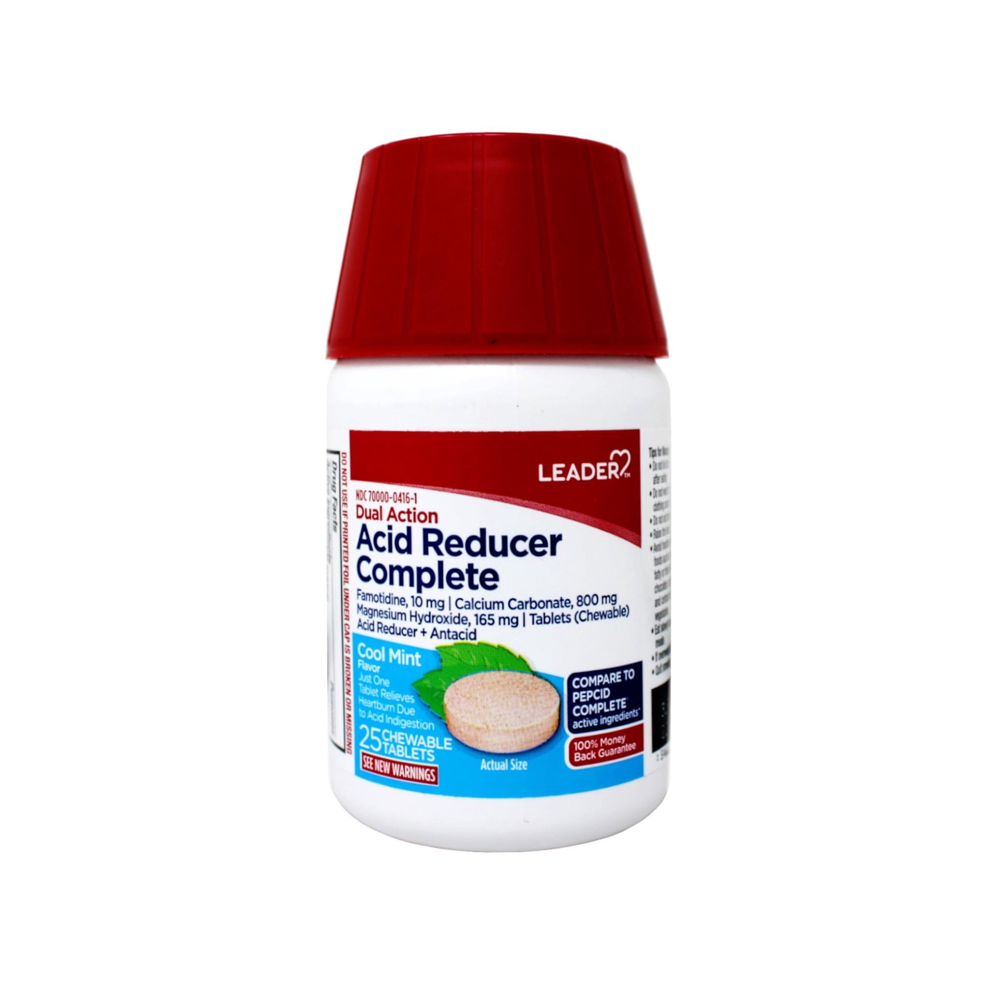 Leader Dual Action Acid Reducer + Antacid Chewable Tablets Mint, 25 Count