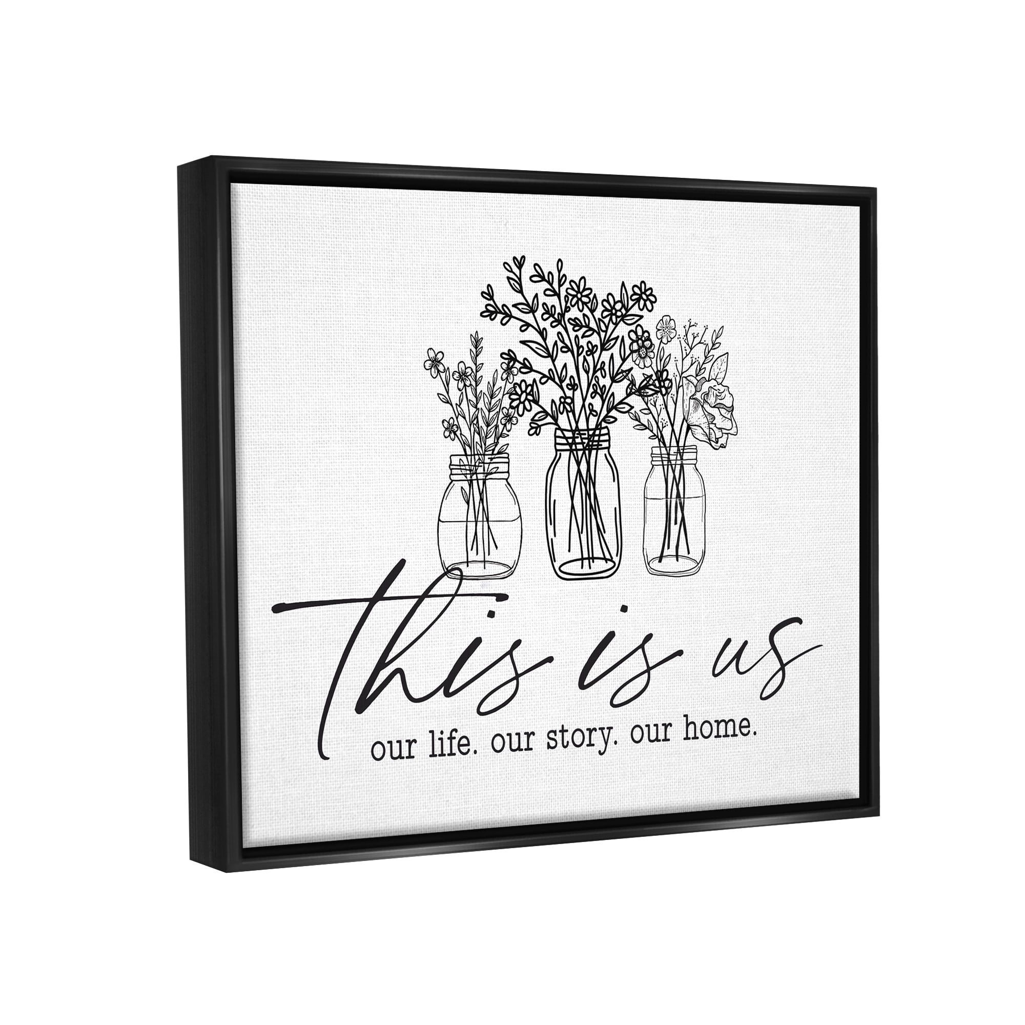 Stupell Industries This Is Us Family Cottage Florals Herbs Bouquet Graphic Art Jet Black Floating Framed Canvas Print Wall Art, Design by Lettered and Lined