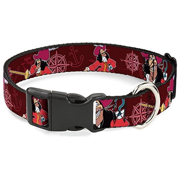 Buckle-Down Captain Hook Poses Nautical Elements Burgundy Disney Breakaway Plastic Clip Collar, Narrow-Large