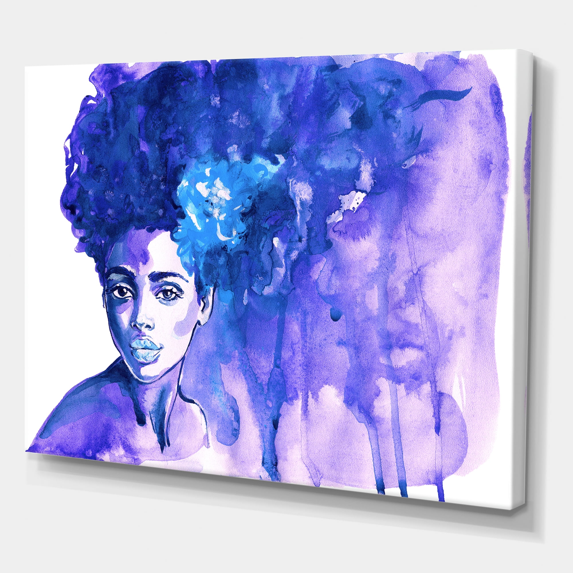 Designart ' Glorious Blue Portrait of Afro American Woman ' Modern Canvas Wall Art Print