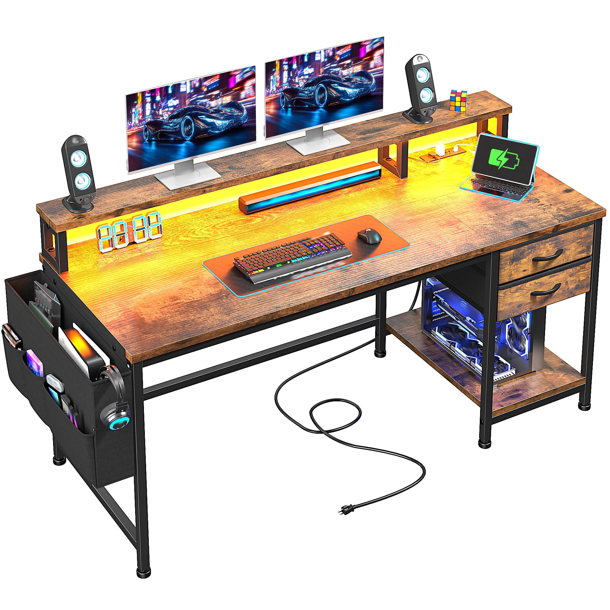 EnHomee 48" Computer Desk with Drawers, Desk with Power Outlet & Storage, Writing Desk with Monitor Stand for Home Office, Rustic Brown