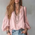 thumbnail image 2 of Wenini Women's Boho V Neck Puff Sleeve Crinkle Fabric Top Loose Drop Shoulder Casual Blouse Top Trendy Travel Shopping Outfit, 2 of 5