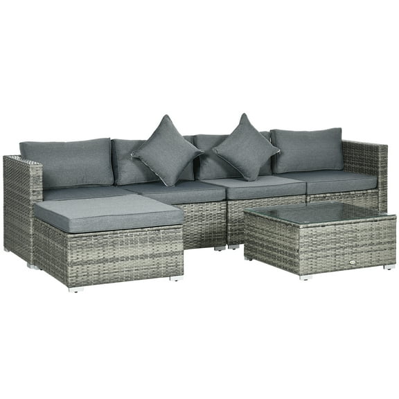 Outsunny Ensemble de Canapé de Jardin en Résine Tressée avec Coussins Assortis, 6 Pcs, Gris