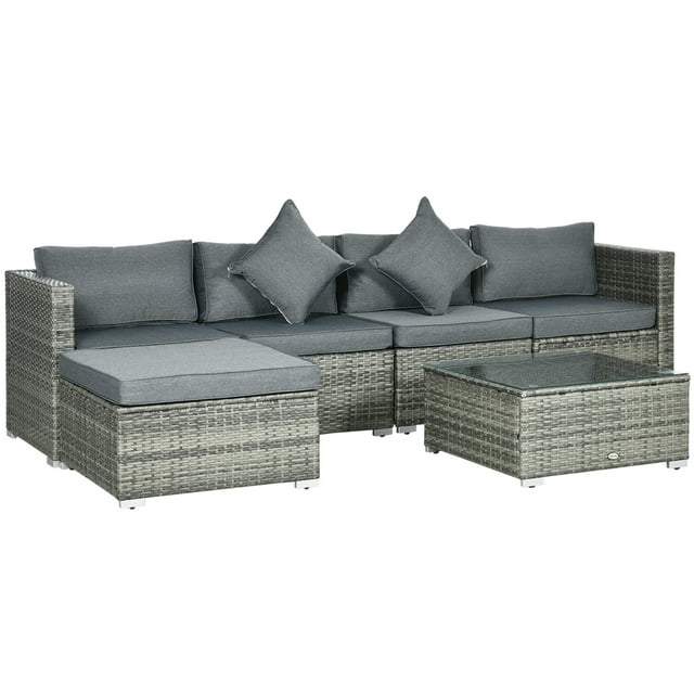 Outsunny Ensemble de Meubles de Terrasse en Osier avec Coussins, Mixte, 6 Pcs, Gris