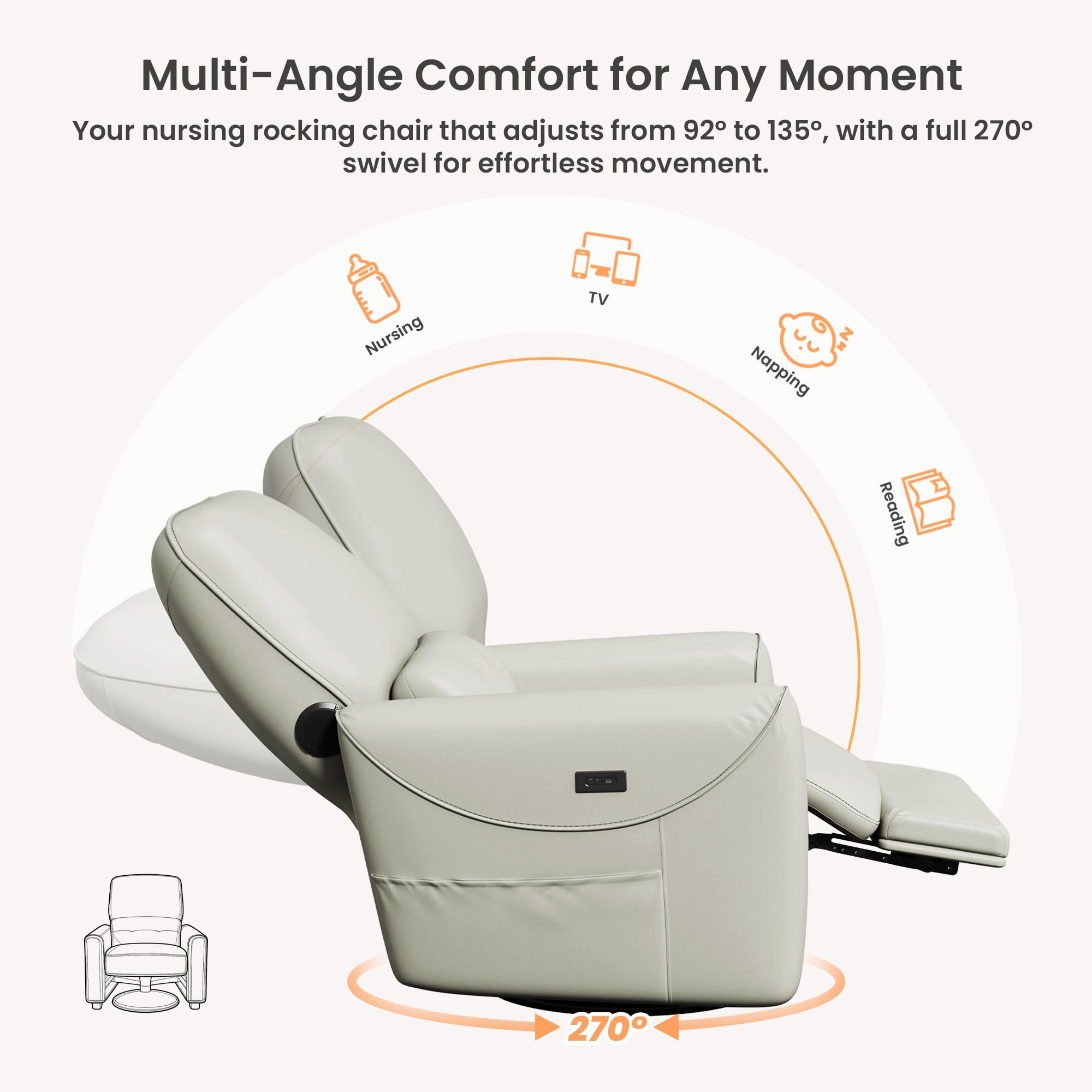 SERWALL Bluetooth Nursery Rocking Chair with 270° Swivel, Swiverl Glider Rocking Chair with USB-C Port & Speaker, Faux Leather Gray