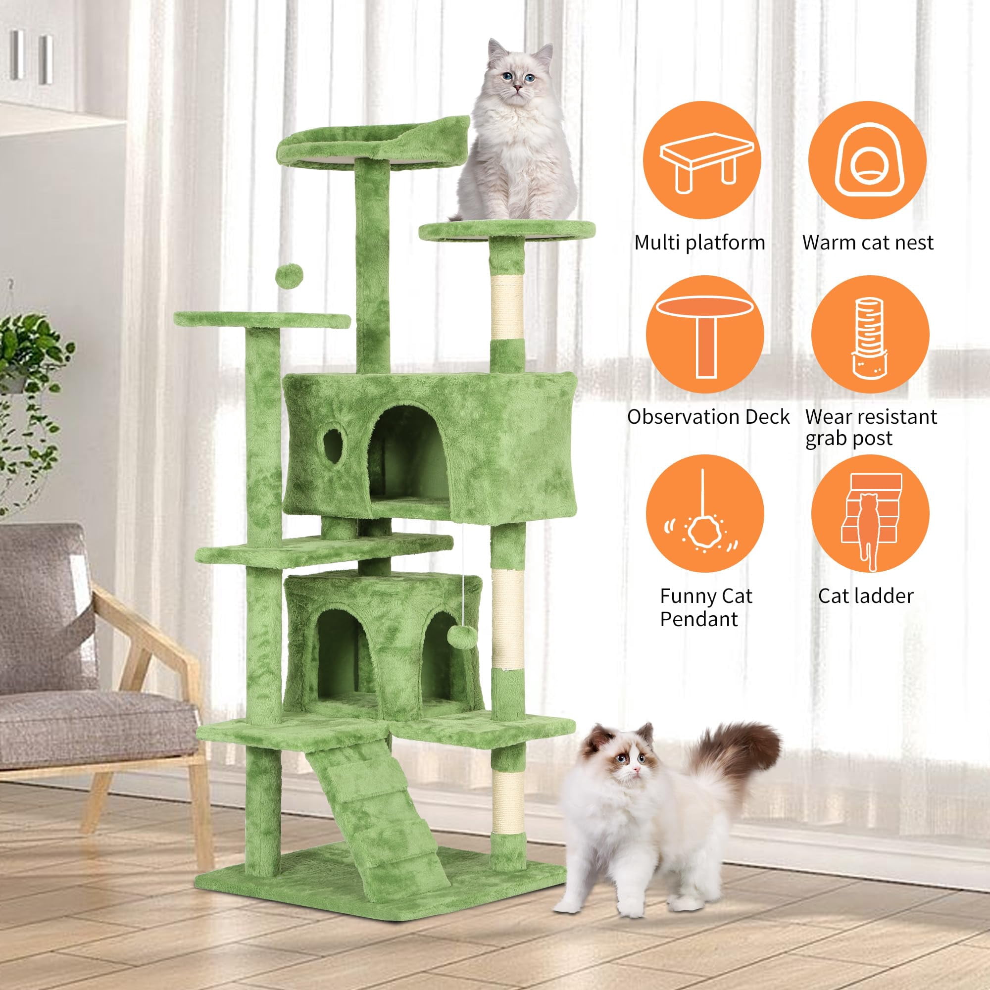 YRLLENSDAN 54 inch Tall Cat Tree Tower for Indoor Cats, Large Cat Tower with Scratching Post, Cat Climbing Tower with Cat Tree House, Sturdy Cat Condo, Green