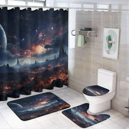 Bathroom Set Space Stars Printed Bathroom Set Bathroom Set 4-Piece Set Bathroom Set with Shower Curtain Sets and Carpet