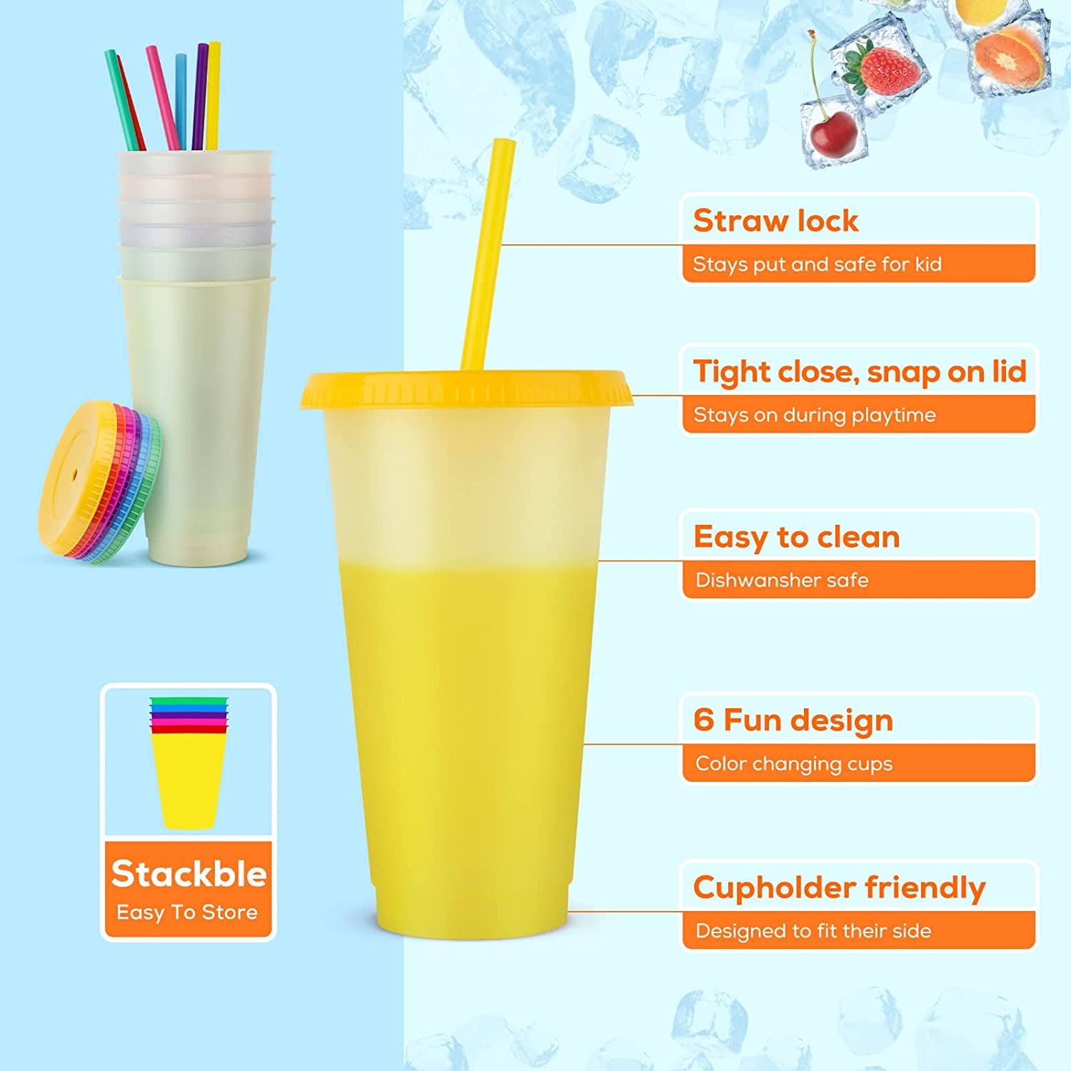 funqyware Color Changing Cups with Lids and Straws for Adults - 5 x 24oz Reusable Cups with Lids and Straws, Bulk Plastic Cups with Lid