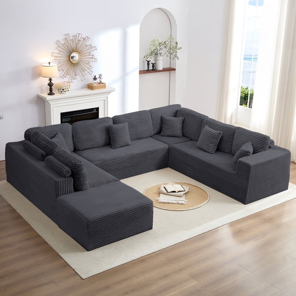 Mjkone 140" Oversized Modular Sectional Sofa,Corduroy U-Shaped Cloud Couch with Movable Ottoman for Living Room,Dark Gray