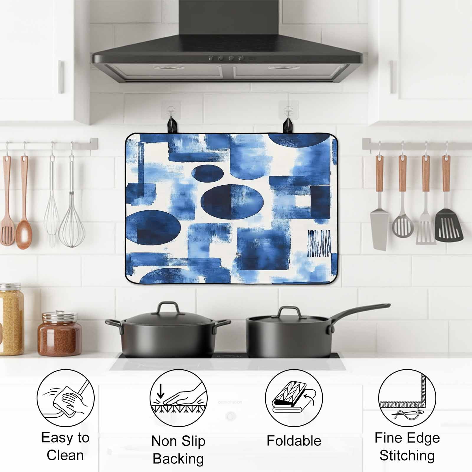 Blue Geometric Stove Top Cover for Electric Stove, Heat-proof & Non Slip Glass Top Stove Cover Protector, Modern Abstract Vintage Art Aesthetic Kitchen Flat Cooktop Rubber Mat 24x21 Inches